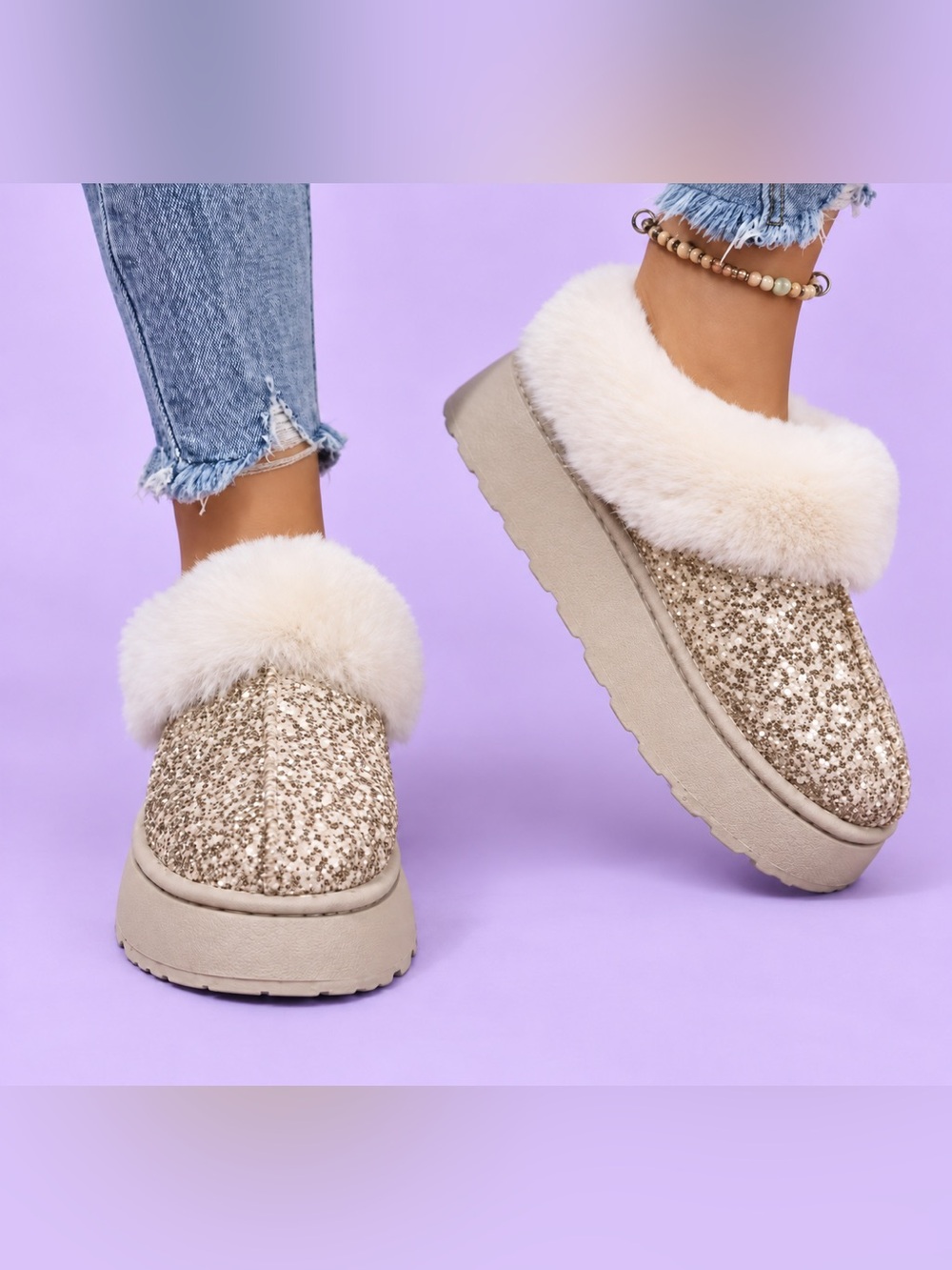Champagne Gold Sequin Platform Winter Booties with Faux Fur Trim | Size 9.5